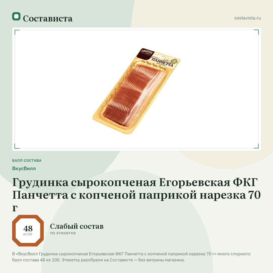 ВкусВилл Грудинка сырокопченая Егорьевская ФКГ Панчетта с копченой паприкой нарезка 70 г: балл состава 48 из 100 — Состависта