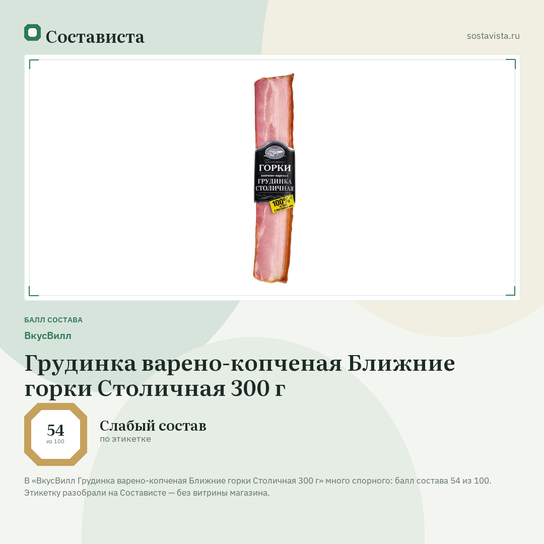 ВкусВилл Грудинка варено-копченая Ближние горки Столичная 300 г: балл состава 54 из 100 — Состависта