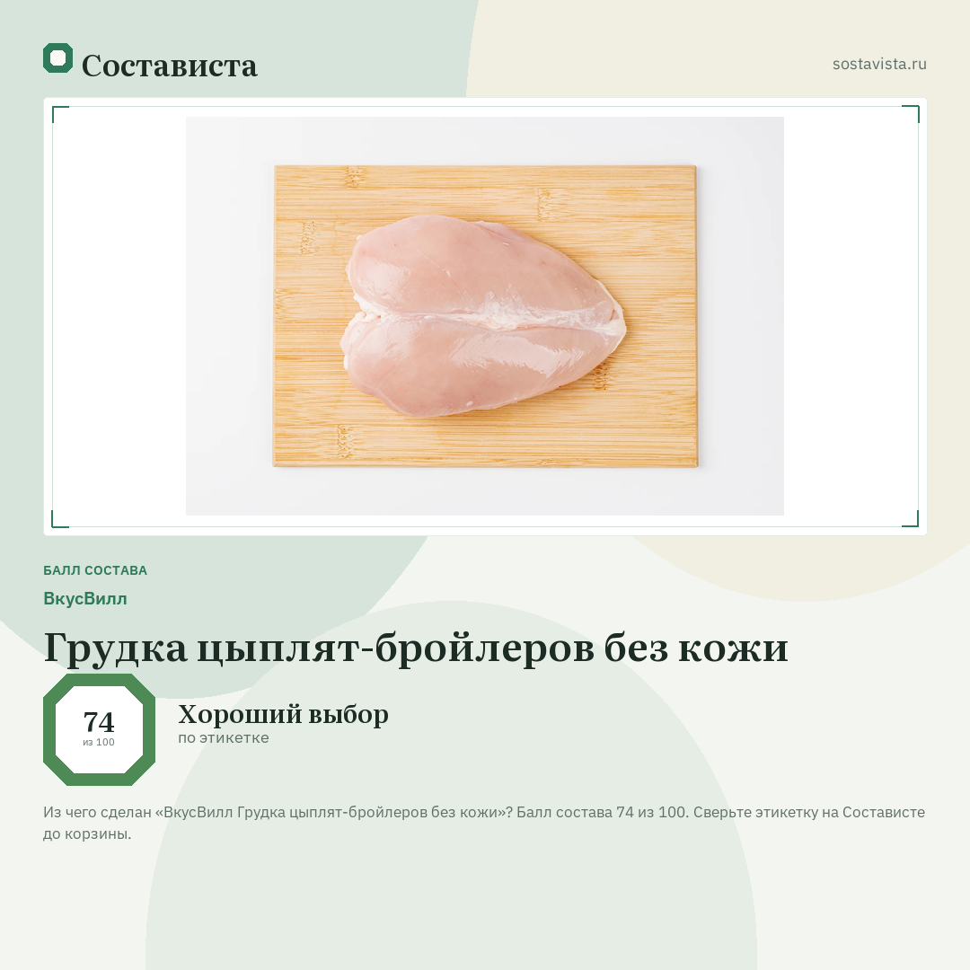 ВкусВилл Грудка цыплят-бройлеров без кожи: балл состава 74 из 100 — Состависта