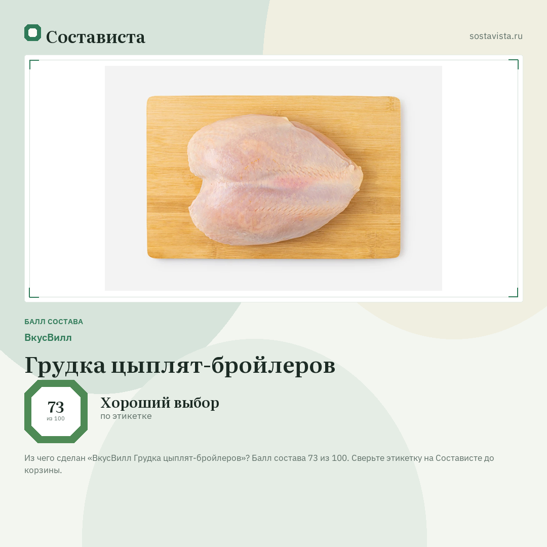 ВкусВилл Грудка цыплят-бройлеров: балл состава 73 из 100 — Состависта