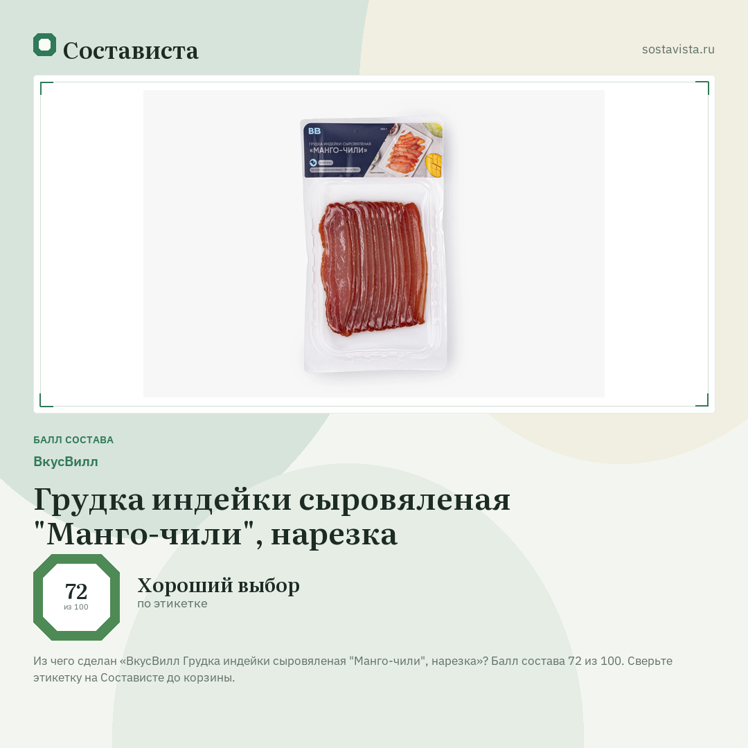 ВкусВилл Грудка индейки сыровяленая "Манго-чили", нарезка: балл состава 72 из 100 — Состависта