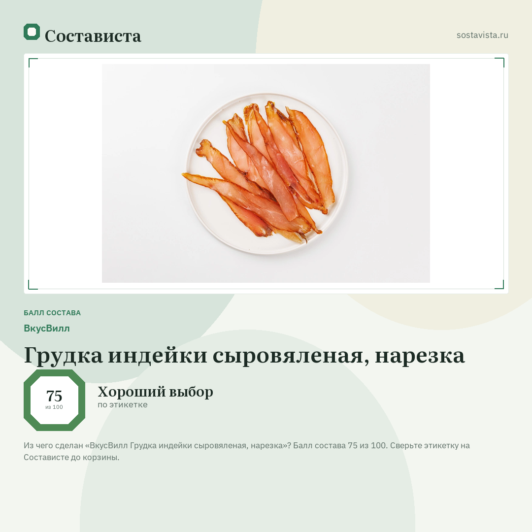 ВкусВилл Грудка индейки сыровяленая, нарезка: балл состава 75 из 100 — Состависта