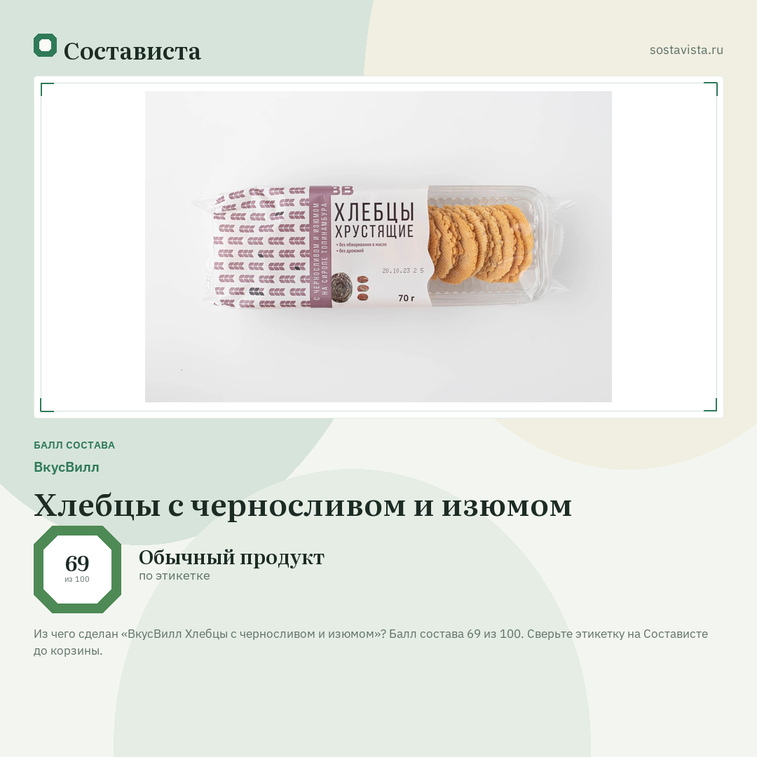 ВкусВилл Хлебцы с черносливом и изюмом: балл состава 69 из 100 — Состависта