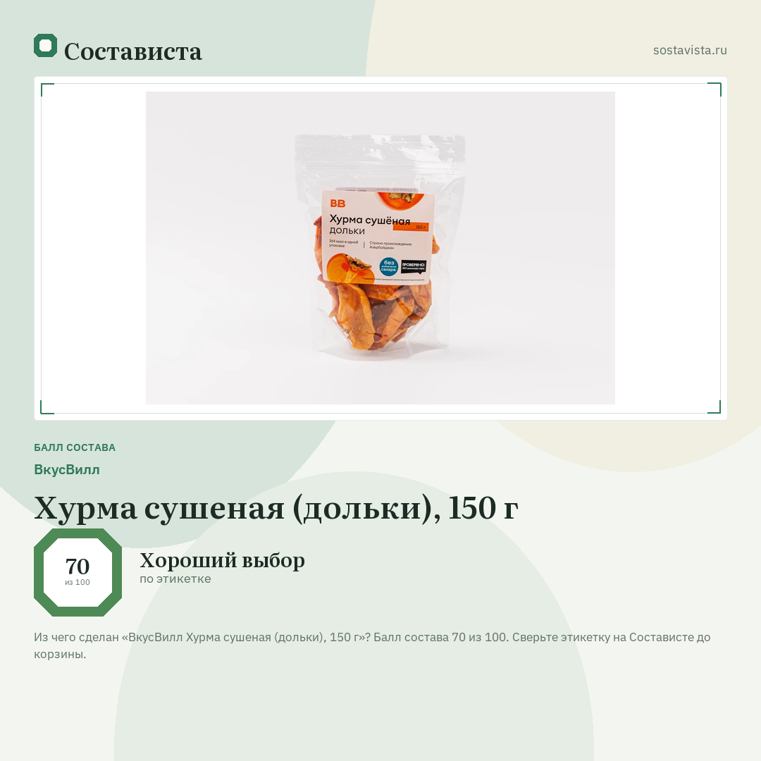 ВкусВилл Хурма сушеная (дольки), 150 г: балл состава 70 из 100 — Состависта
