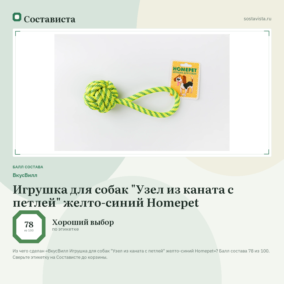 ВкусВилл Игрушка для собак "Узел из каната с петлей" желто-синий Homepet: балл состава 78 из 100 — Состависта