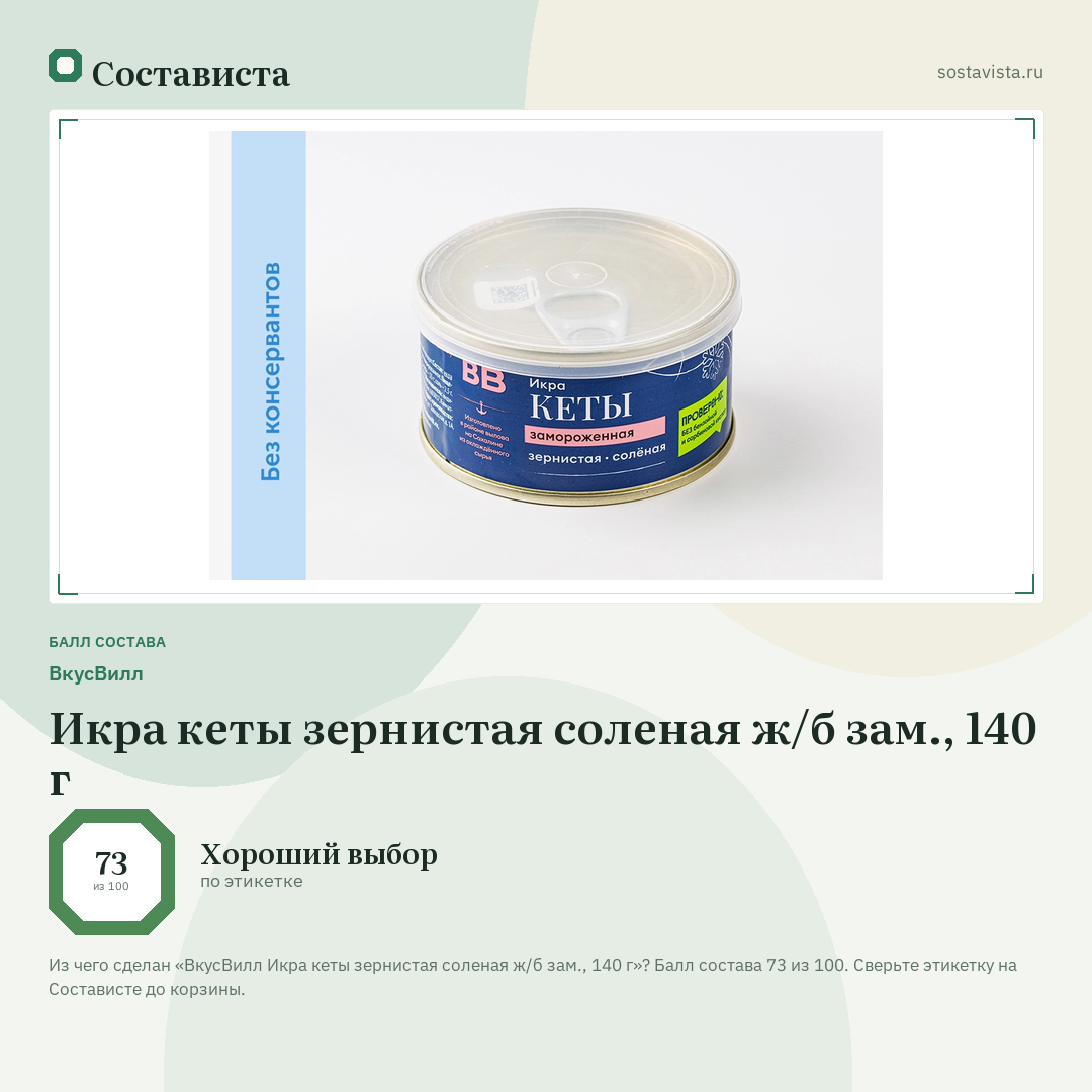 ВкусВилл Икра кеты зернистая соленая ж/б зам., 140 г: балл состава 73 из 100 — Состависта