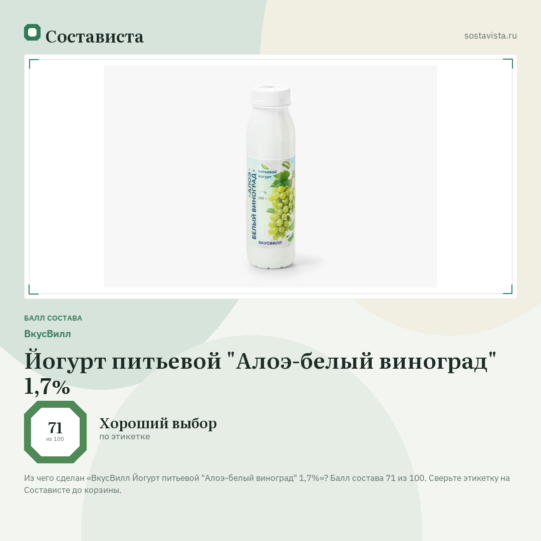 ВкусВилл Йогурт питьевой "Алоэ-белый виноград" 1,7%: балл состава 71 из 100 — Состависта