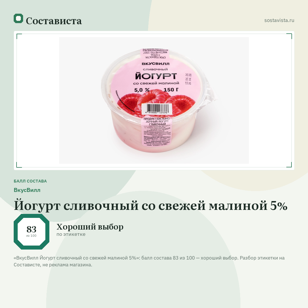 ВкусВилл Йогурт сливочный со свежей малиной 5%: балл состава 83 из 100 — Состависта