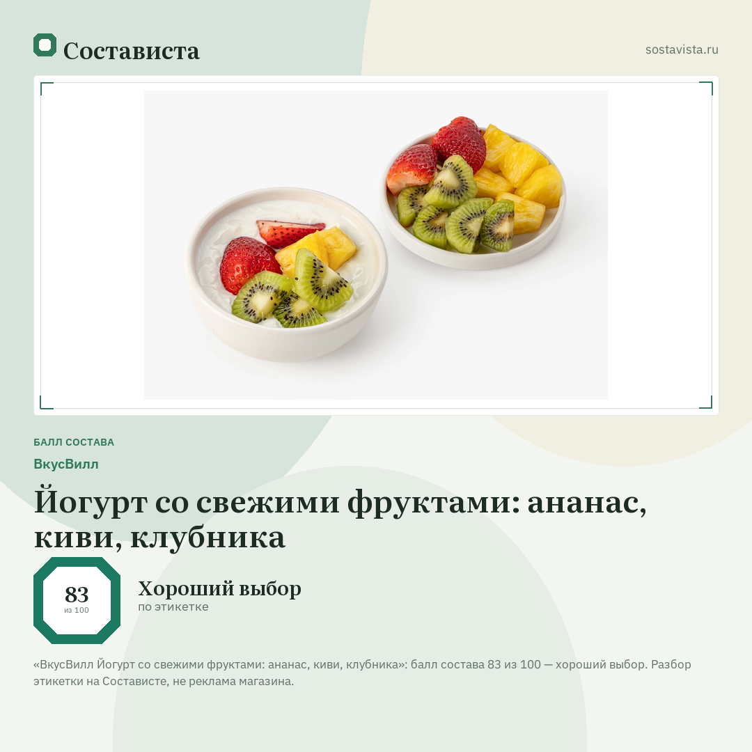 ВкусВилл Йогурт со свежими фруктами: ананас, киви, клубника: балл состава 83 из 100 — Состависта