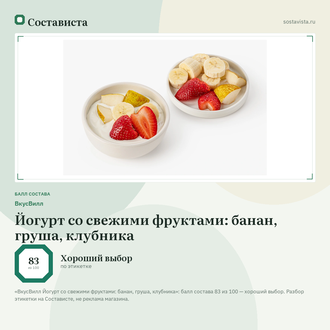 ВкусВилл Йогурт со свежими фруктами: банан, груша, клубника: балл состава 83 из 100 — Состависта
