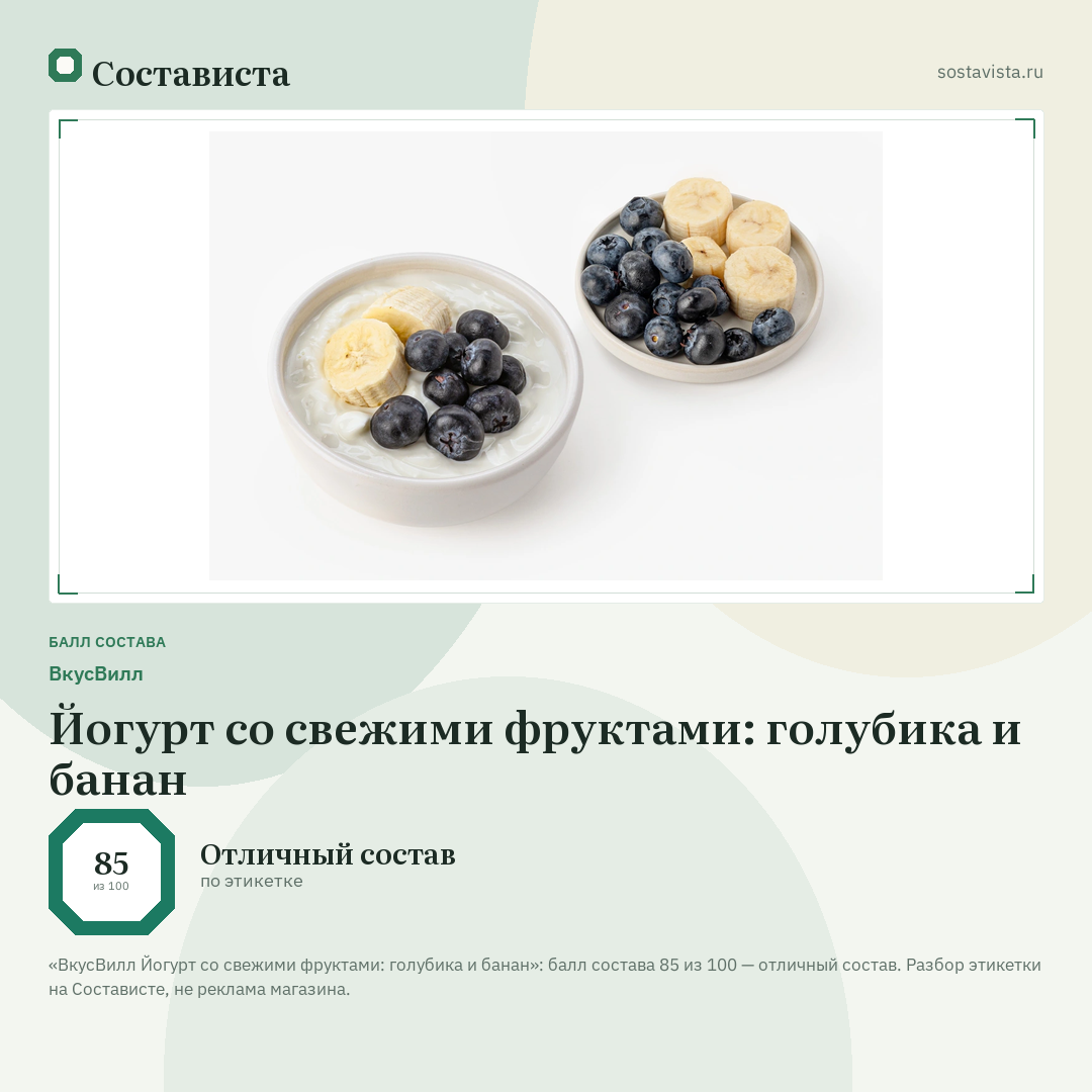 ВкусВилл Йогурт со свежими фруктами: голубика и банан: балл состава 85 из 100 — Состависта