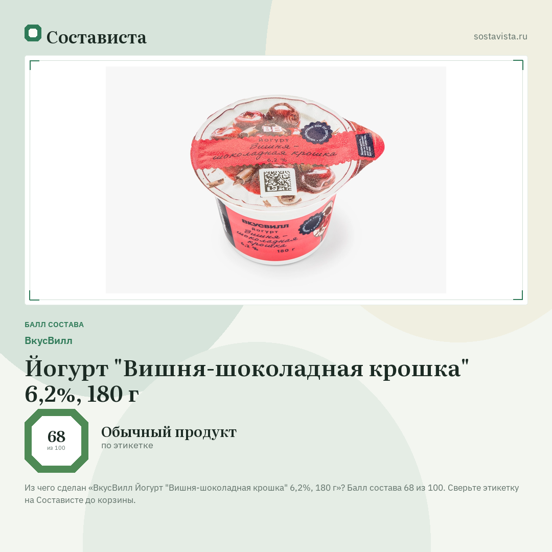 ВкусВилл Йогурт "Вишня-шоколадная крошка" 6,2%, 180 г: балл состава 68 из 100 — Состависта