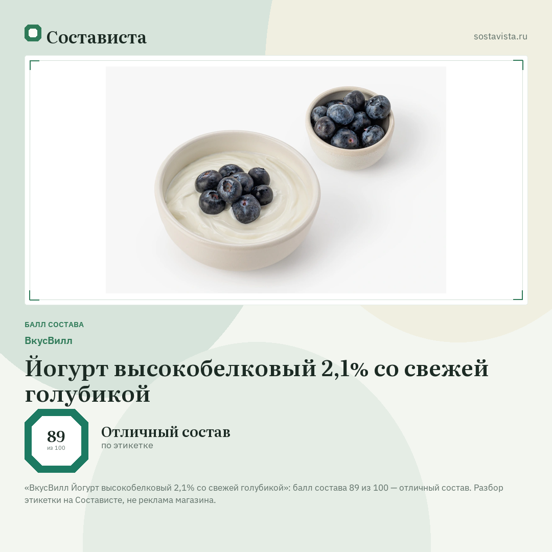 ВкусВилл Йогурт высокобелковый 2,1% со свежей голубикой: балл состава 89 из 100 — Состависта