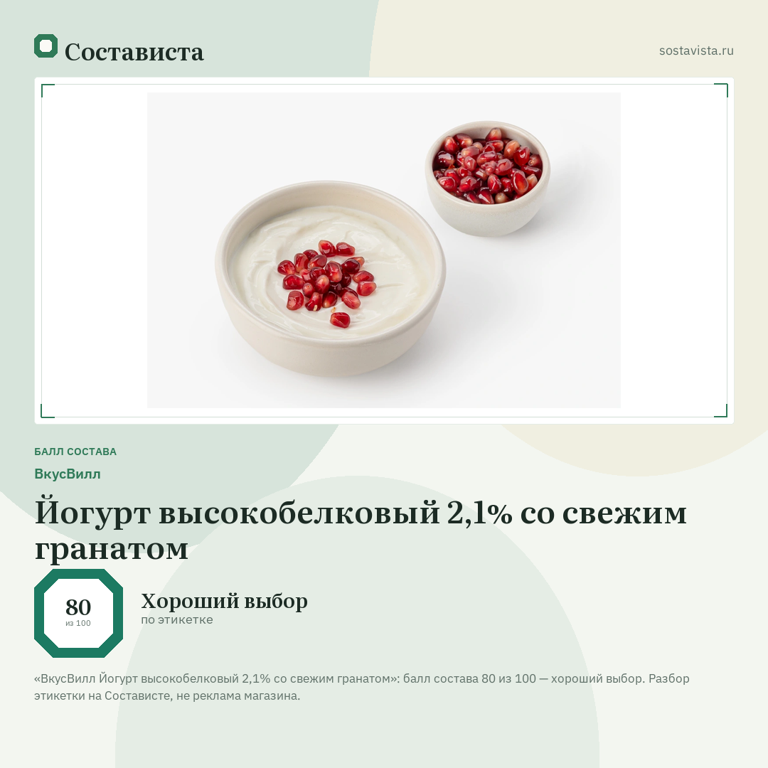 ВкусВилл Йогурт высокобелковый 2,1% со свежим гранатом: балл состава 80 из 100 — Состависта