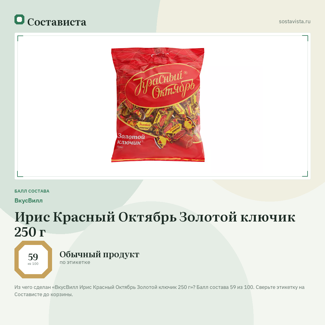ВкусВилл Ирис Красный Октябрь Золотой ключик 250 г: балл состава 59 из 100 — Состависта