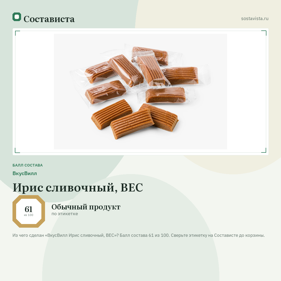 ВкусВилл Ирис сливочный, ВЕС: балл состава 61 из 100 — Состависта