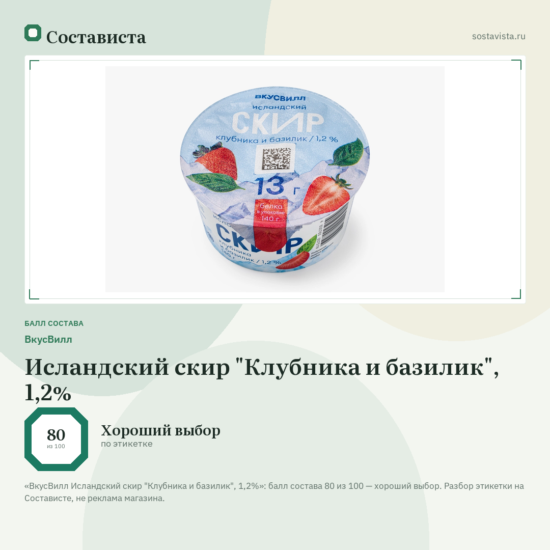 ВкусВилл Исландский скир "Клубника и базилик", 1,2%: балл состава 80 из 100 — Состависта
