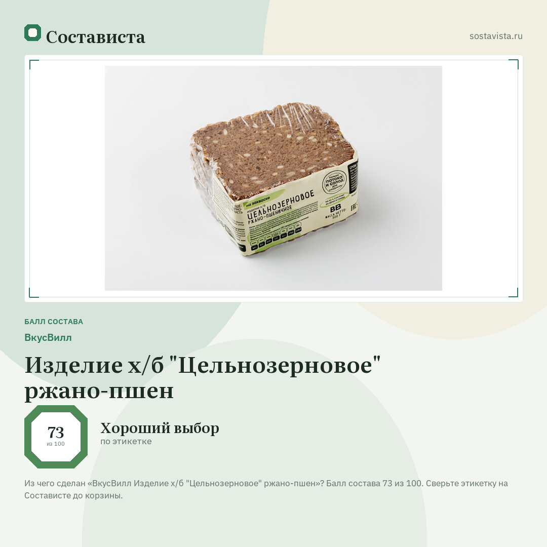 ВкусВилл Изделие х/б "Цельнозерновое" ржано-пшен: балл состава 73 из 100 — Состависта