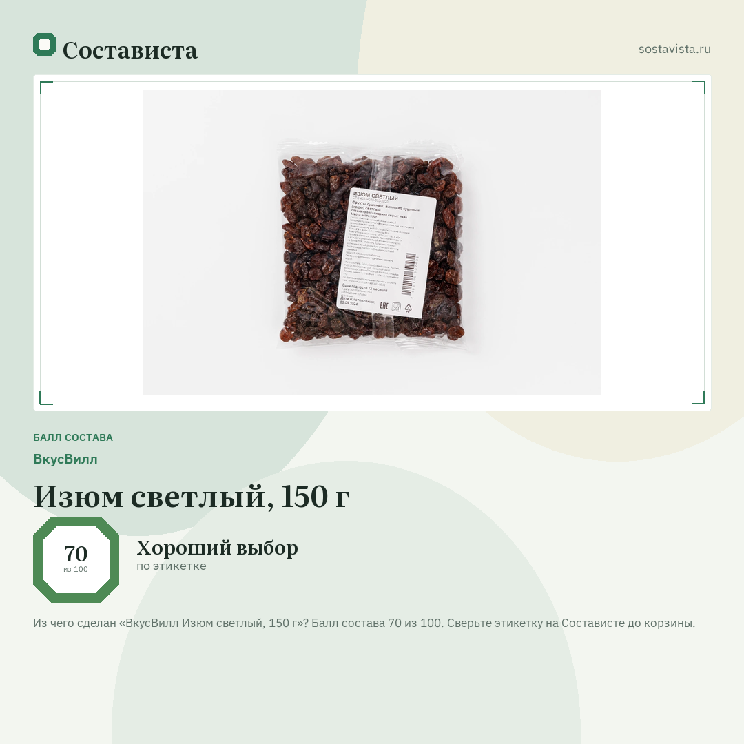 ВкусВилл Изюм светлый, 150 г: балл состава 70 из 100 — Состависта