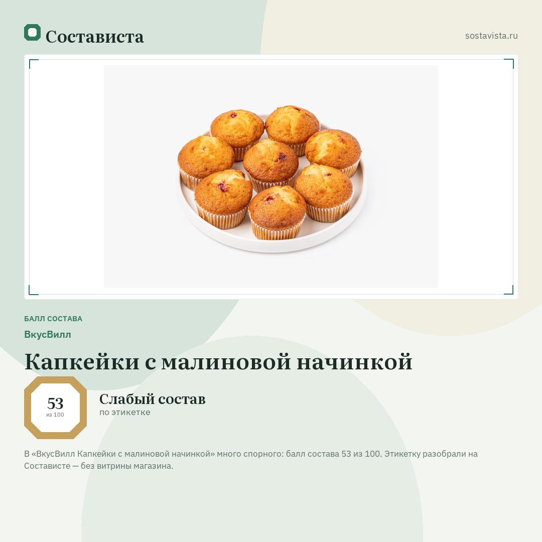 ВкусВилл Капкейки с малиновой начинкой: балл состава 53 из 100 — Состависта