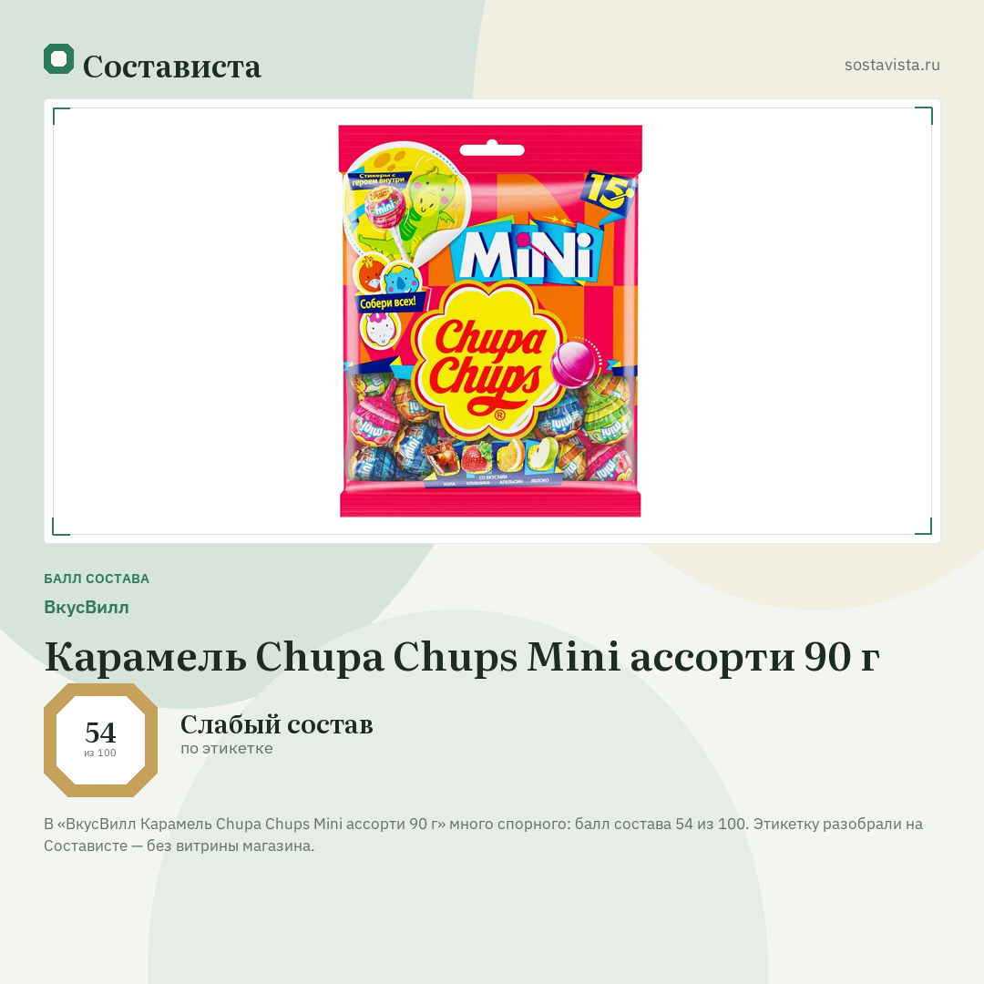 ВкусВилл Карамель Chupa Chups Mini ассорти 90 г: балл состава 54 из 100 — Состависта