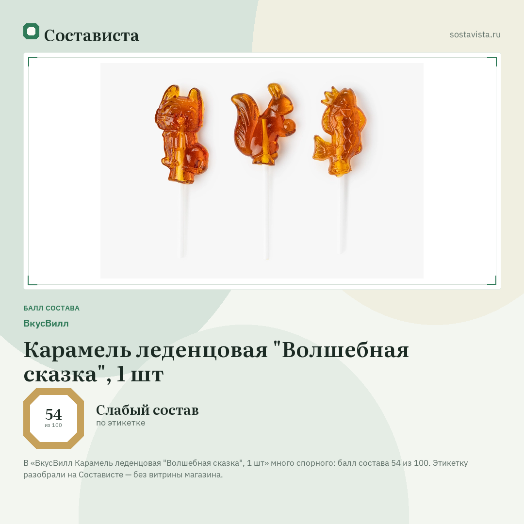 ВкусВилл Карамель леденцовая "Волшебная сказка", 1 шт: балл состава 54 из 100 — Состависта