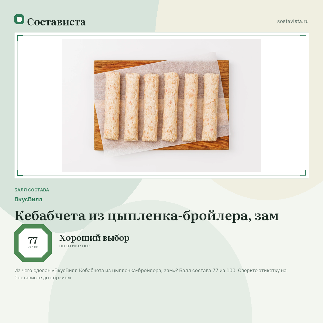 ВкусВилл Кебабчета из цыпленка-бройлера, зам: балл состава 77 из 100 — Состависта