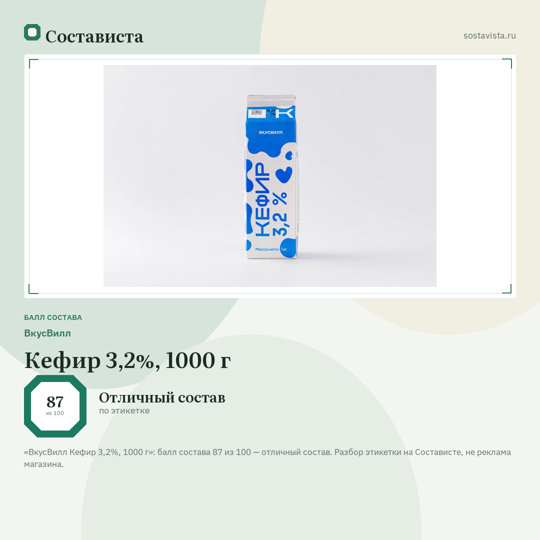 ВкусВилл Кефир 3,2%, 1000 г: балл состава 87 из 100 — Состависта