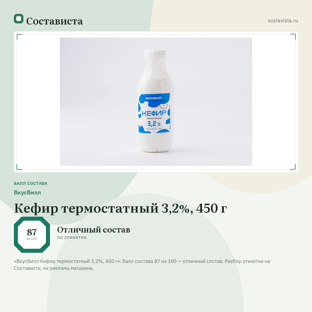 ВкусВилл Кефир термостатный 3,2%, 450 г: балл состава 87 из 100 — Состависта