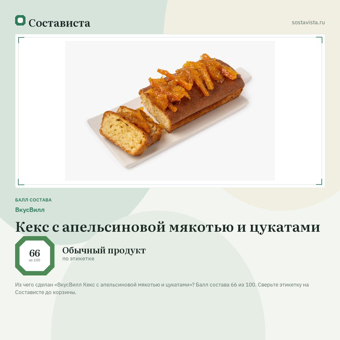ВкусВилл Кекс с апельсиновой мякотью и цукатами: балл состава 66 из 100 — Состависта