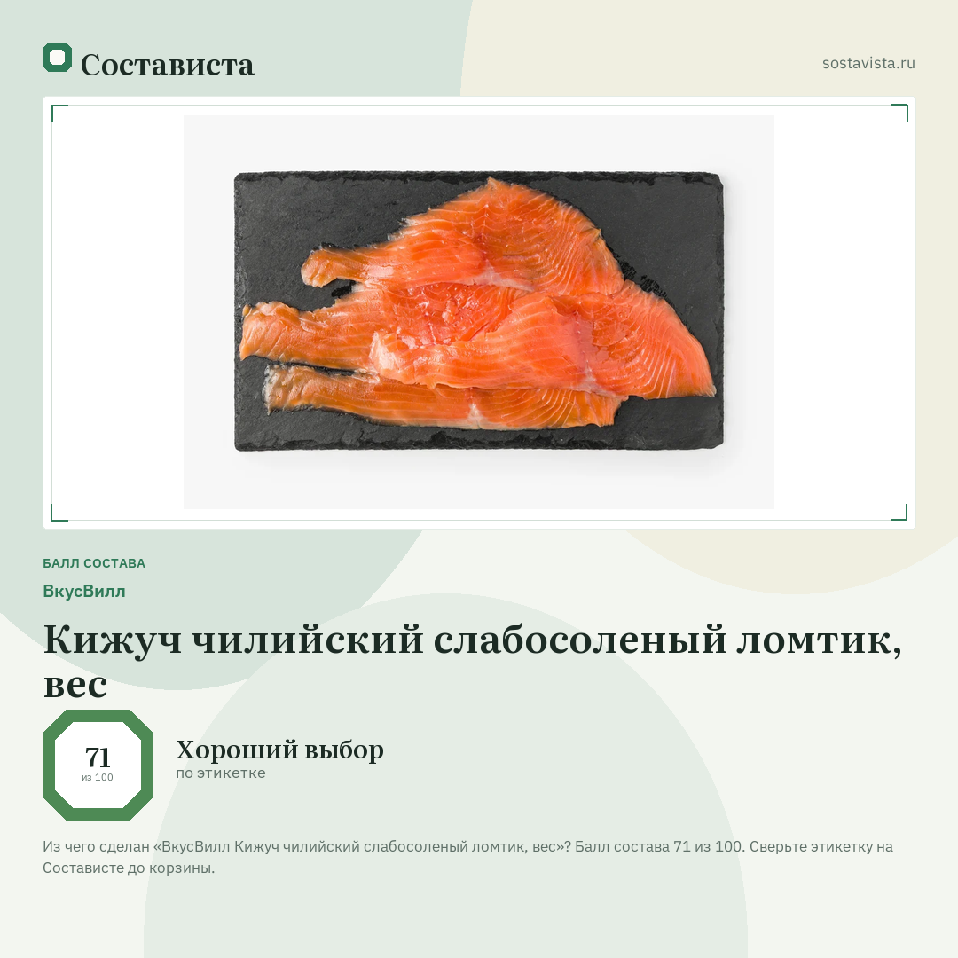 ВкусВилл Кижуч чилийский слабосоленый ломтик, вес: балл состава 71 из 100 — Состависта