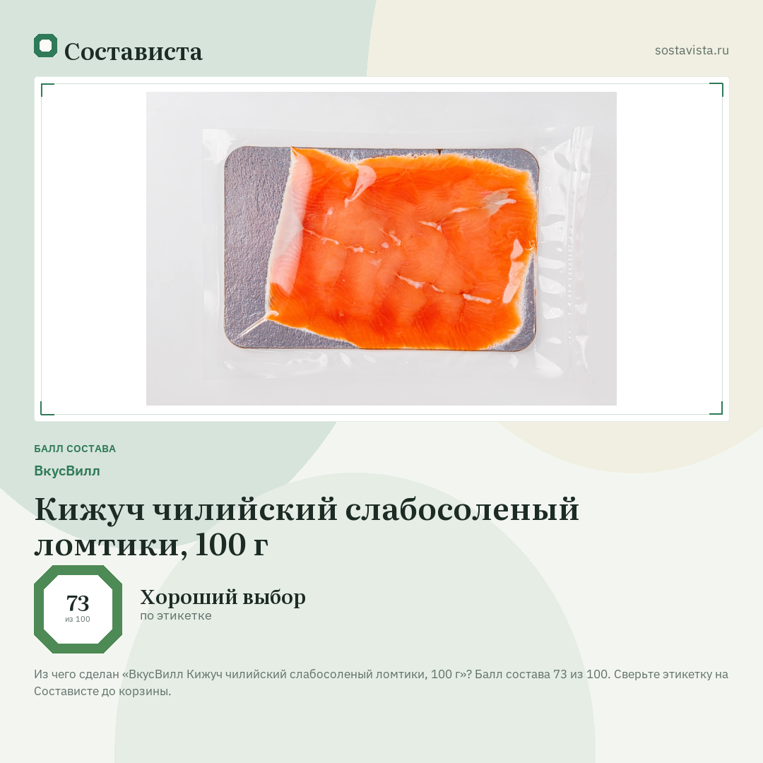 ВкусВилл Кижуч чилийский слабосоленый ломтики, 100 г: балл состава 73 из 100 — Состависта