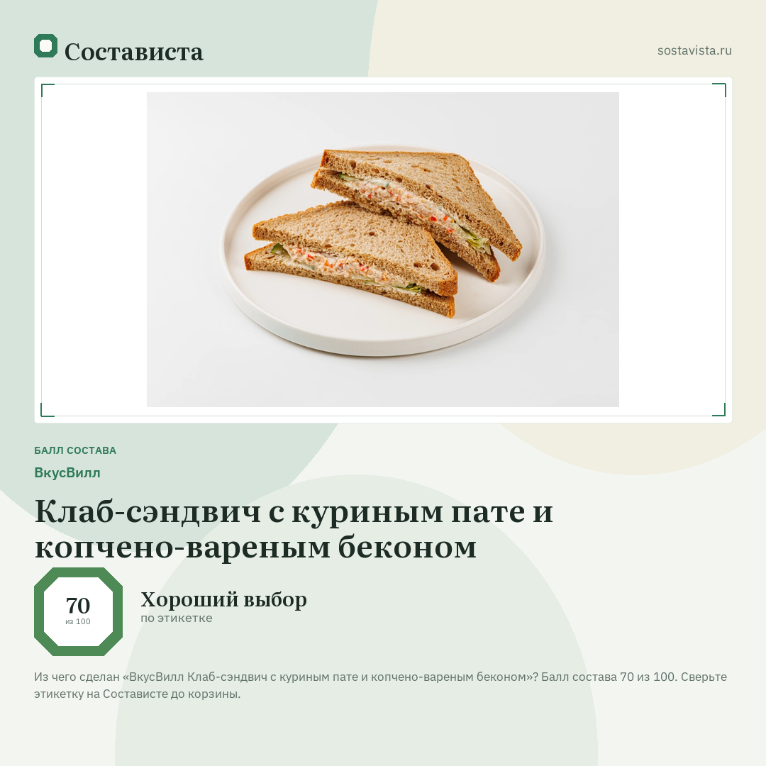 ВкусВилл Клаб-сэндвич с куриным пате и копчено-вареным беконом: балл состава 70 из 100 — Состависта