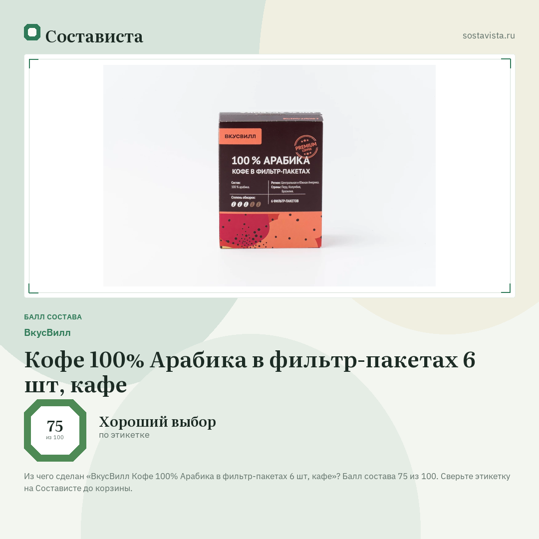 ВкусВилл Кофе 100% Арабика в фильтр-пакетах 6 шт, кафе: балл состава 75 из 100 — Состависта