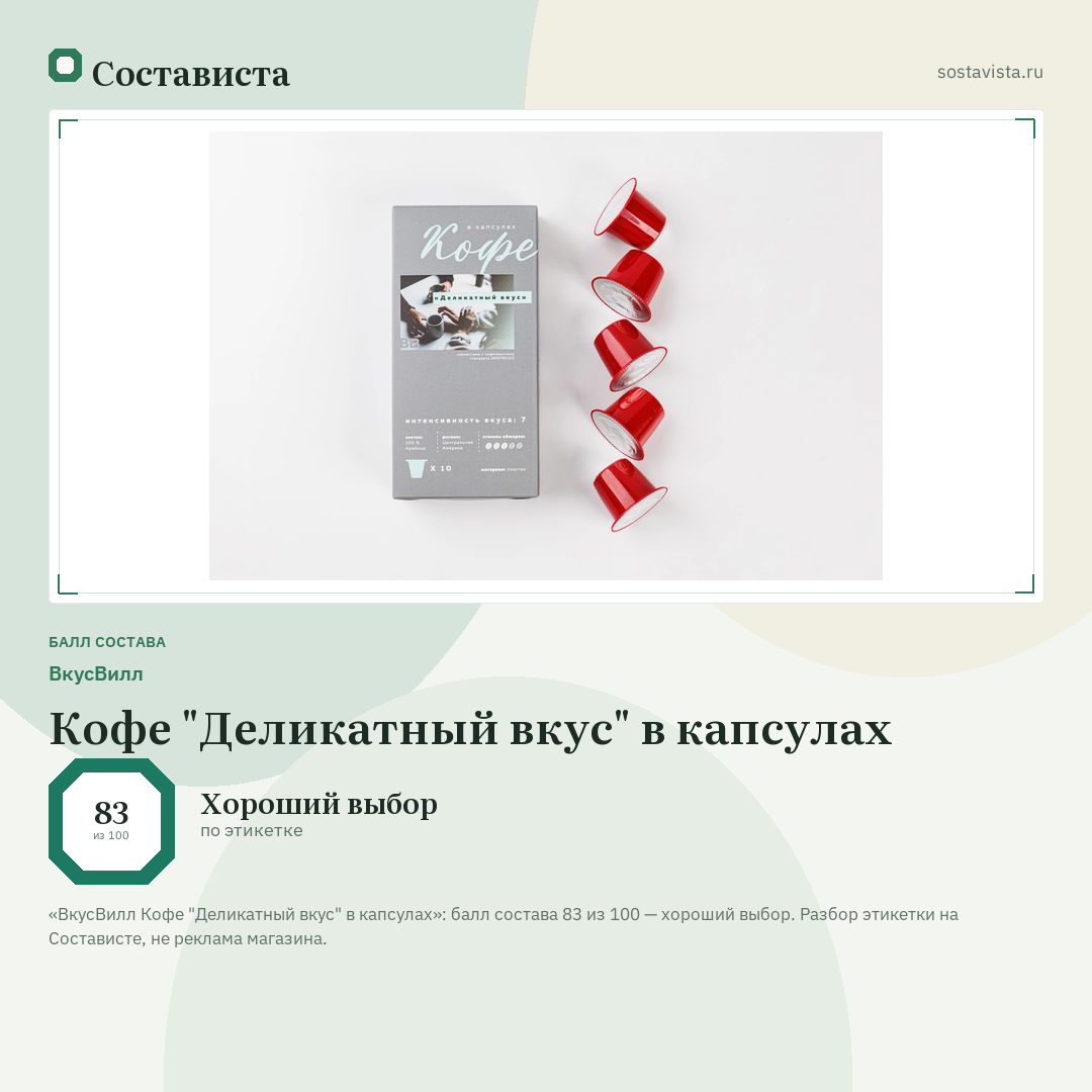 ВкусВилл Кофе "Деликатный вкус" в капсулах: балл состава 83 из 100 — Состависта