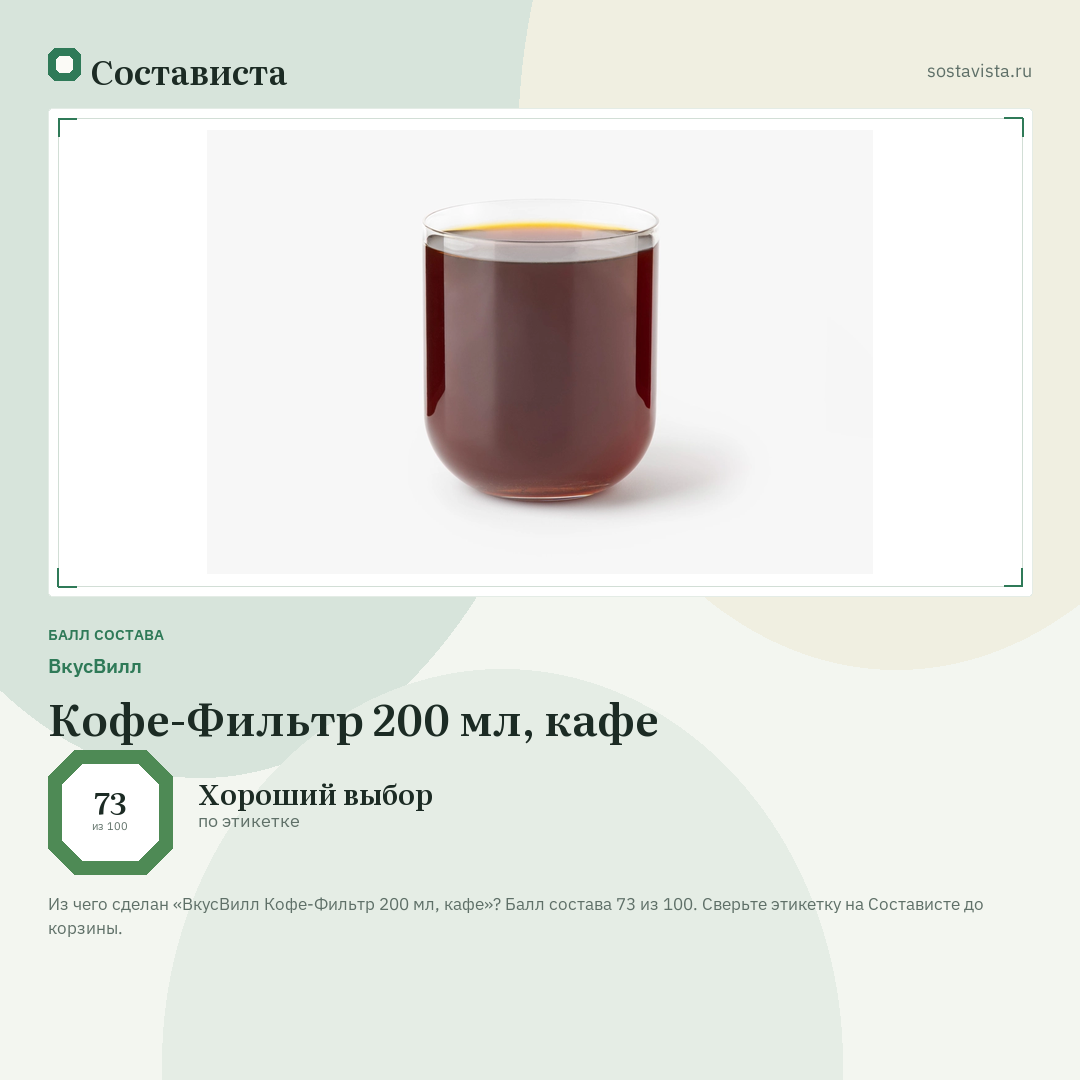 ВкусВилл Кофе-Фильтр 200 мл, кафе: балл состава 73 из 100 — Состависта