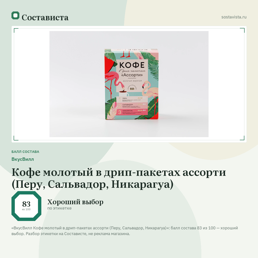 ВкусВилл Кофе молотый в дрип-пакетах ассорти (Перу, Сальвадор, Никарагуа): балл состава 83 из 100 — Состависта