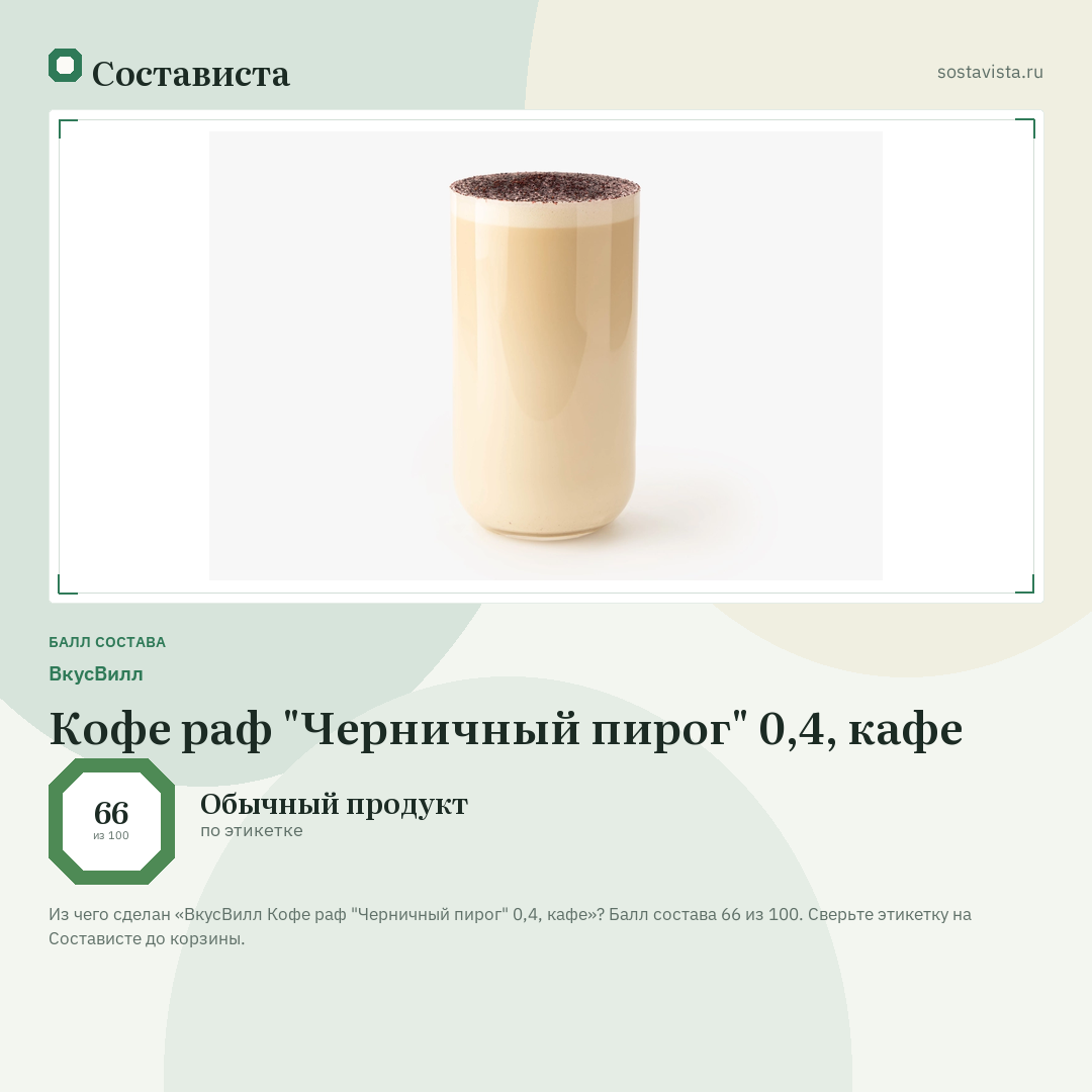 ВкусВилл Кофе раф "Черничный пирог" 0,4, кафе: балл состава 66 из 100 — Состависта