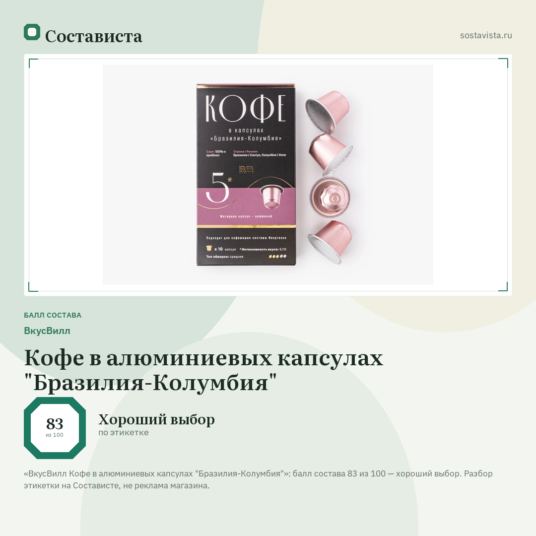 ВкусВилл Кофе в алюминиевых капсулах "Бразилия-Колумбия": балл состава 83 из 100 — Состависта