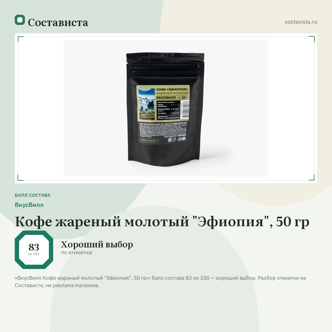 ВкусВилл Кофе жареный молотый "Эфиопия", 50 гр: балл состава 83 из 100 — Состависта