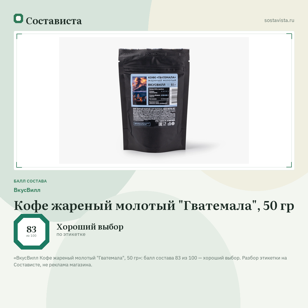 ВкусВилл Кофе жареный молотый "Гватемала", 50 гр: балл состава 83 из 100 — Состависта