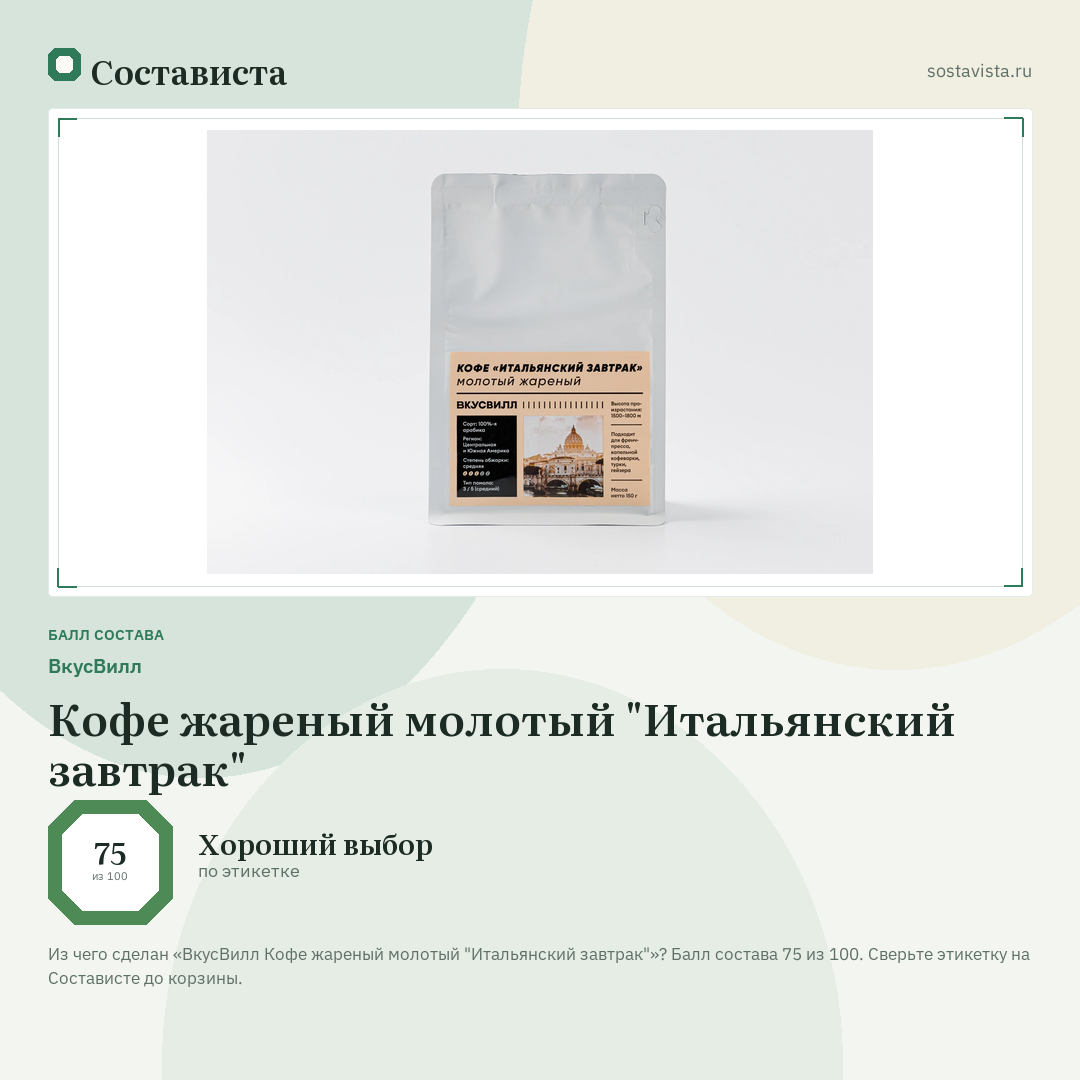 ВкусВилл Кофе жареный молотый "Итальянский завтрак": балл состава 75 из 100 — Состависта