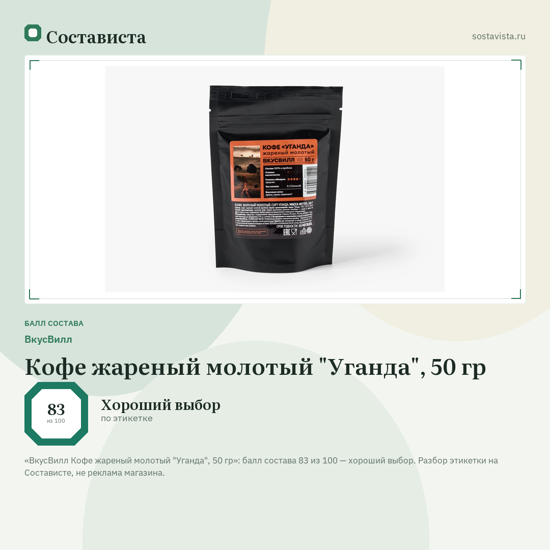 ВкусВилл Кофе жареный молотый "Уганда", 50 гр: балл состава 83 из 100 — Состависта