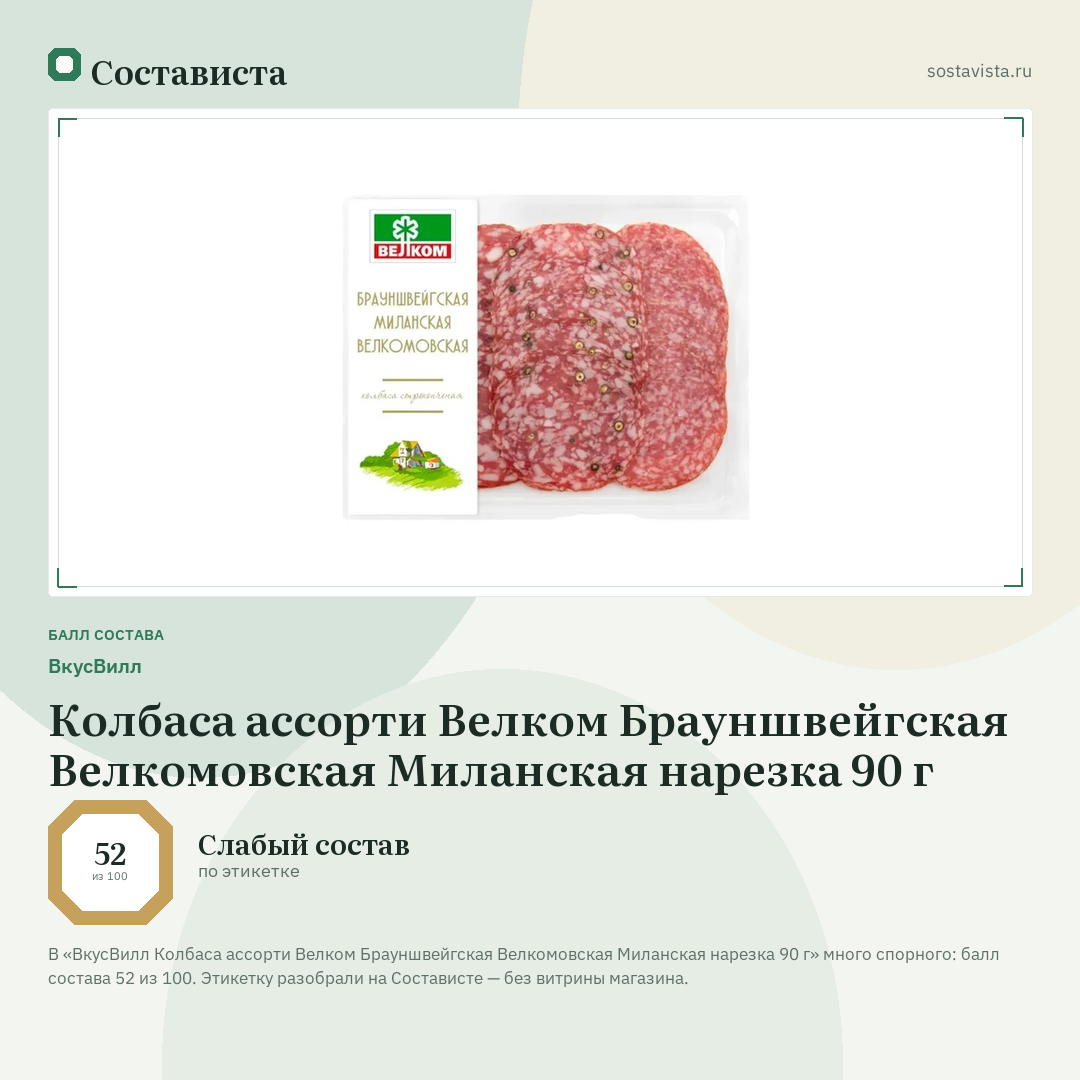 ВкусВилл Колбаса ассорти Велком Брауншвейгская Велкомовская Миланская нарезка 90 г: балл состава 52 из 100 — Состависта