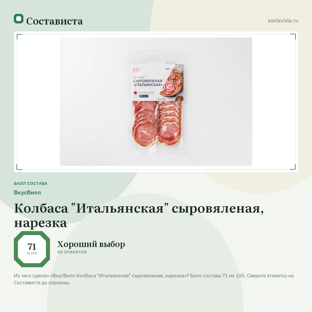 ВкусВилл Колбаса "Итальянская" сыровяленая, нарезка: балл состава 71 из 100 — Состависта