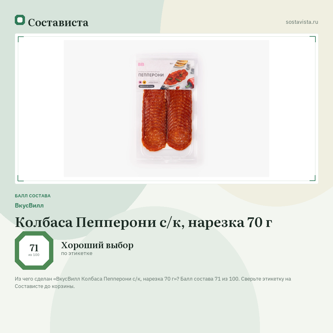 ВкусВилл Колбаса Пепперони с/к, нарезка 70 г: балл состава 71 из 100 — Состависта