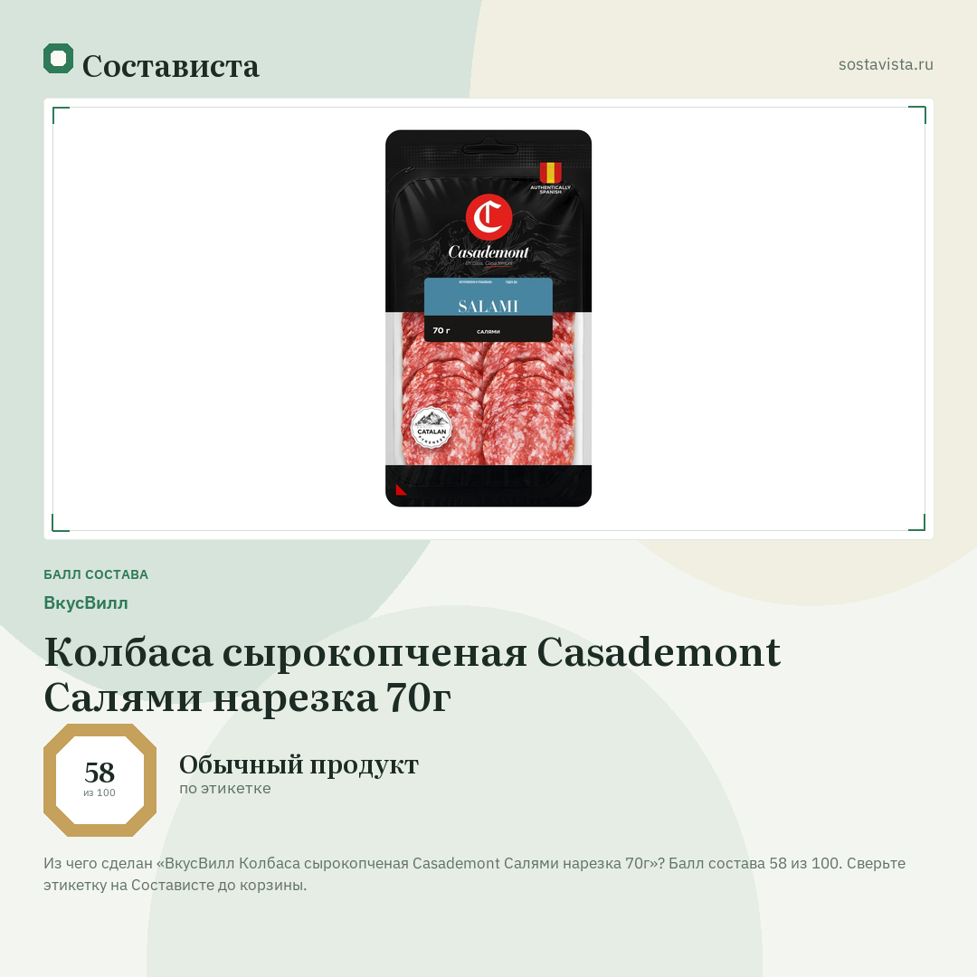 ВкусВилл Колбаса сырокопченая Casademont Салями нарезка 70г: балл состава 58 из 100 — Состависта