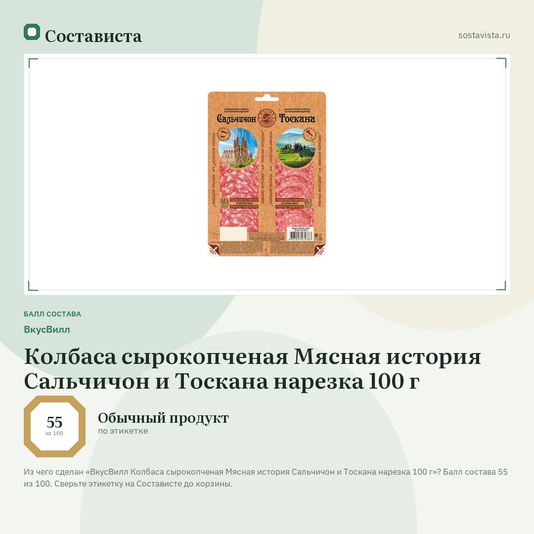 ВкусВилл Колбаса сырокопченая Мясная история Сальчичон и Тоскана нарезка 100 г: балл состава 55 из 100 — Состависта