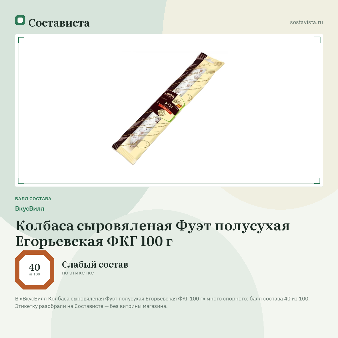 ВкусВилл Колбаса сыровяленая Фуэт полусухая Егорьевская ФКГ 100 г: балл состава 40 из 100 — Состависта