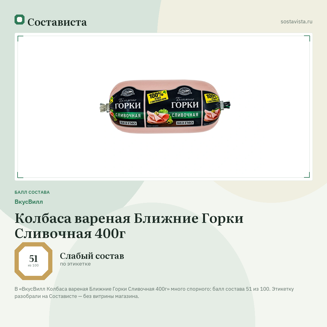 ВкусВилл Колбаса вареная Ближние Горки Сливочная 400г: балл состава 51 из 100 — Состависта